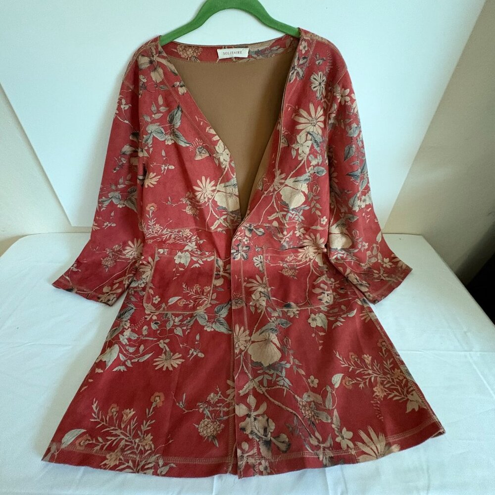 Solitaire Suede Kimono Jacket Woman's L Red Floral Duster Open Front Boho Style